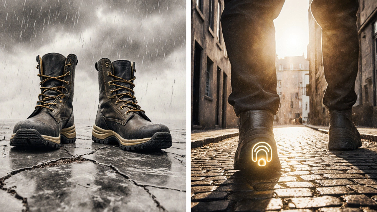 Split image showing worn-out shoes on left and supportive work boots on right, symbolizing relief from foot pain.