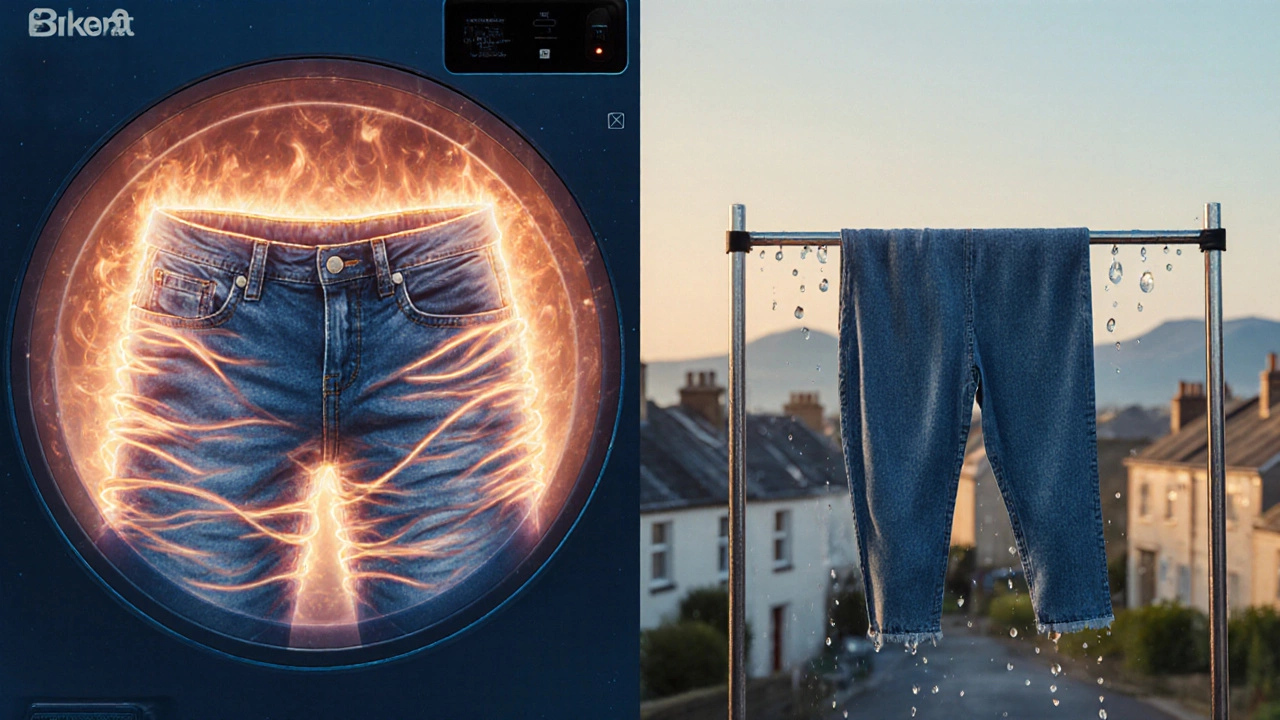 Surreal contrast of shrinking jeans in a dryer versus stretching jeans on a rack, with Irish landscape in background.