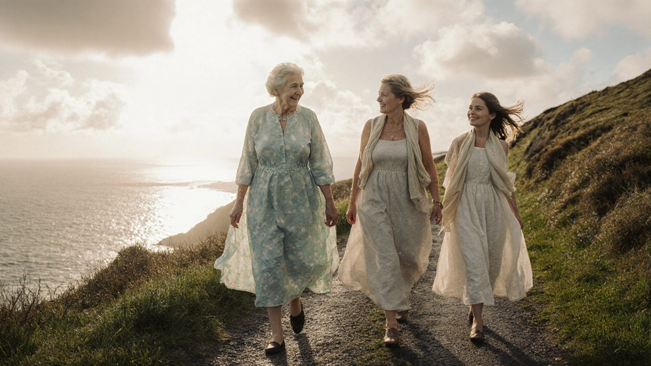 Three generations of Irish women in sundresses on a cliff path near Dingle, scarves and rain covers in hand, sea shimmering behind them.