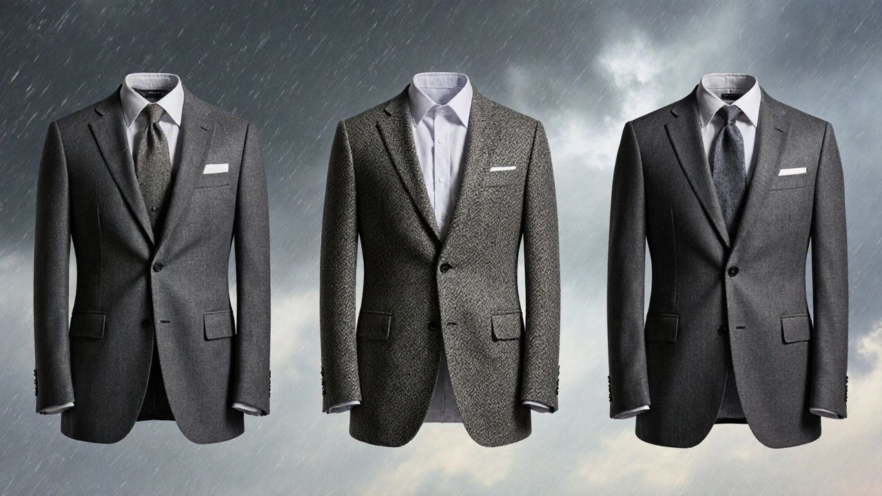 Three Irish grey suits suspended against changing weather, showing wool, tweed, and budget fabric textures.