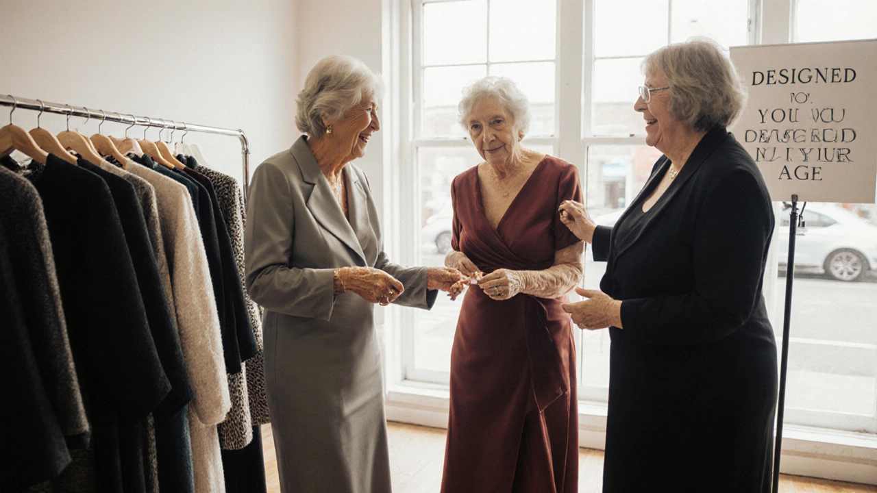 Three women trying on timeless evening dresses in a boutique in Dún Laoghaire, Ireland.