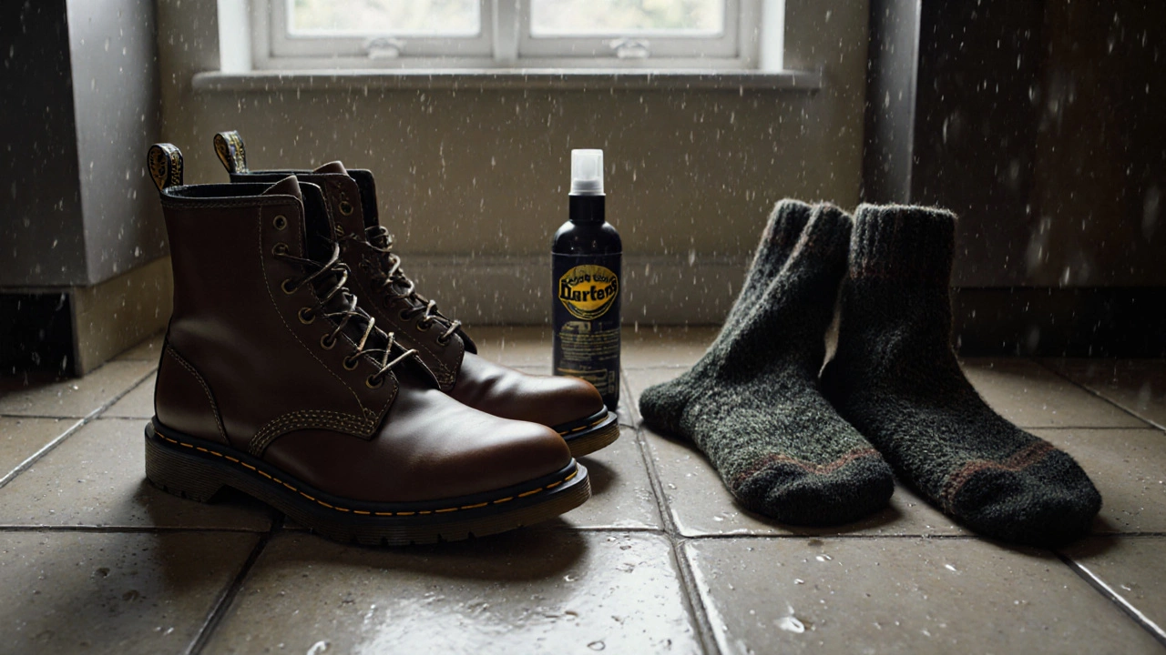 Thursday boots and Dr. Martens side by side with wool socks and waterproofing spray on a damp kitchen floor.