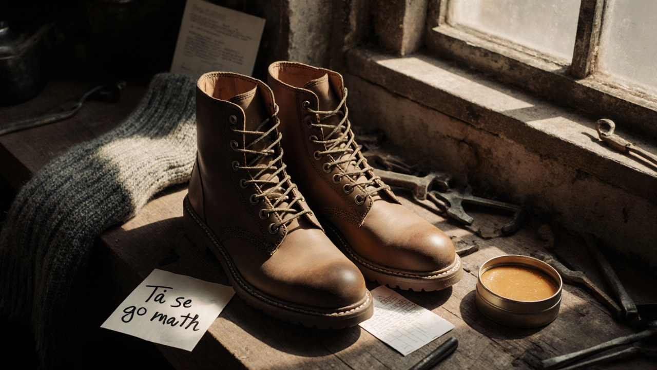 Thursday Boots on a cobbler’s bench in Cork with wool socks and conditioner, symbolizing repair and longevity.