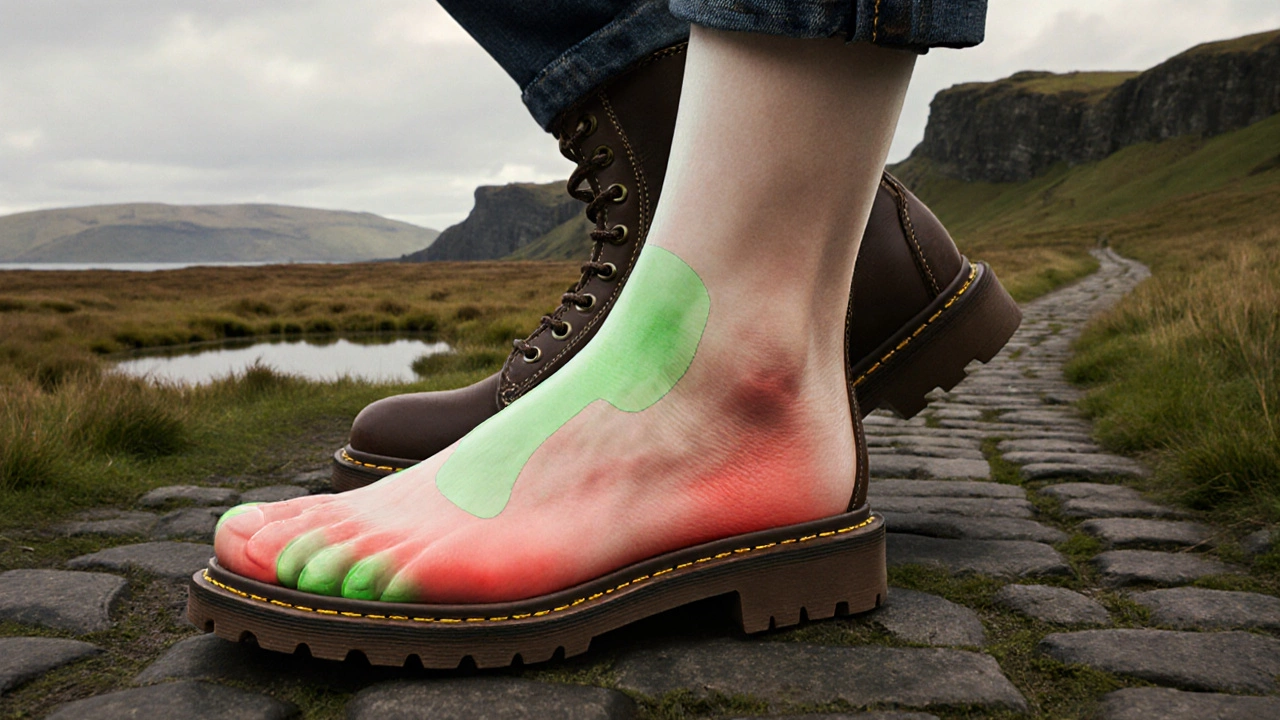 Transparent overlay of a foot in Thursday boot showing pressure zones with Irish landscape background.