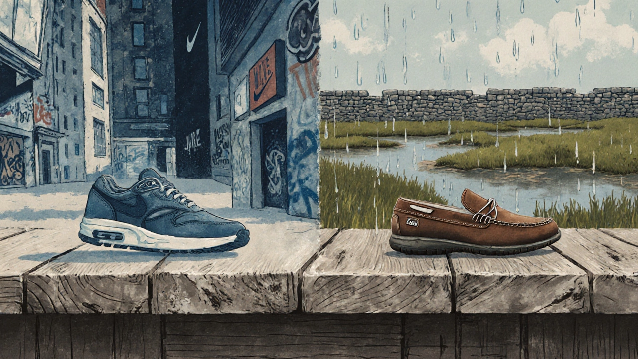 Two contrasting shoe paths: American Nike sneaker and Irish Clarks slipper in separate landscapes.