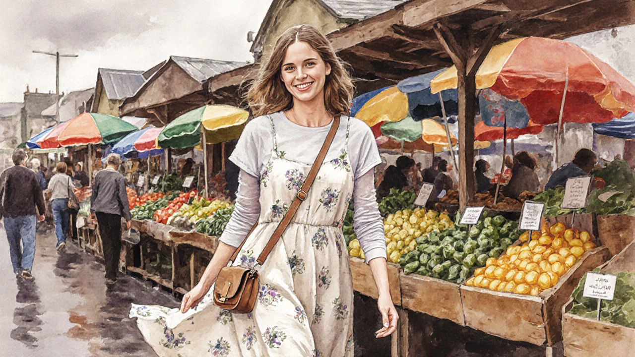 Woman at Galway Market wearing a linen sundress over a long-sleeve tee, smiling beside fresh produce stalls under overcast skies.