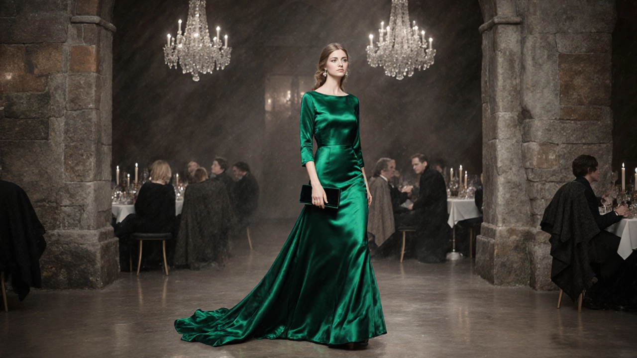 Woman in an emerald evening gown entering a gala in Galway, cloak folded over her arm.