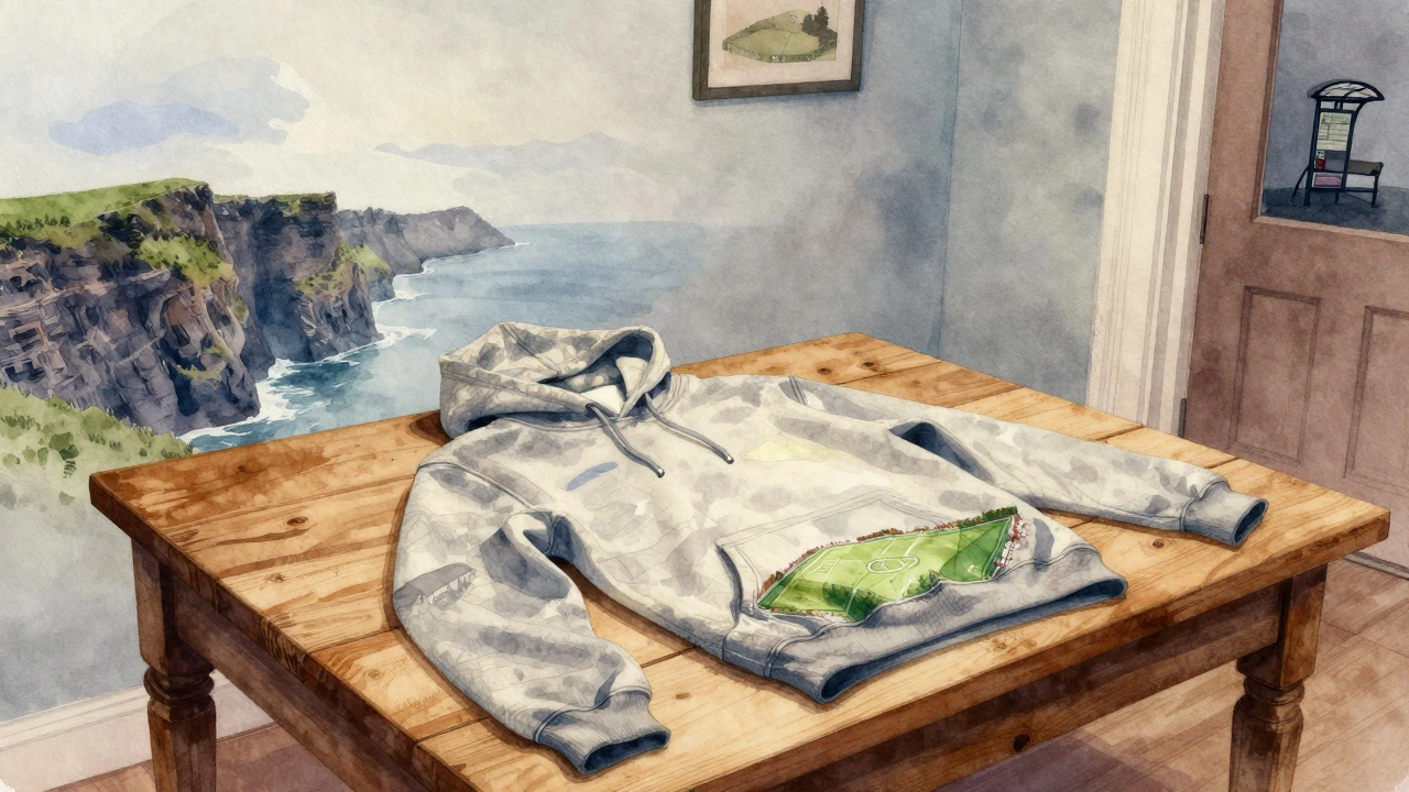A hoodie air-drying on a table with faint Irish landscapes subtly woven into the fabric.