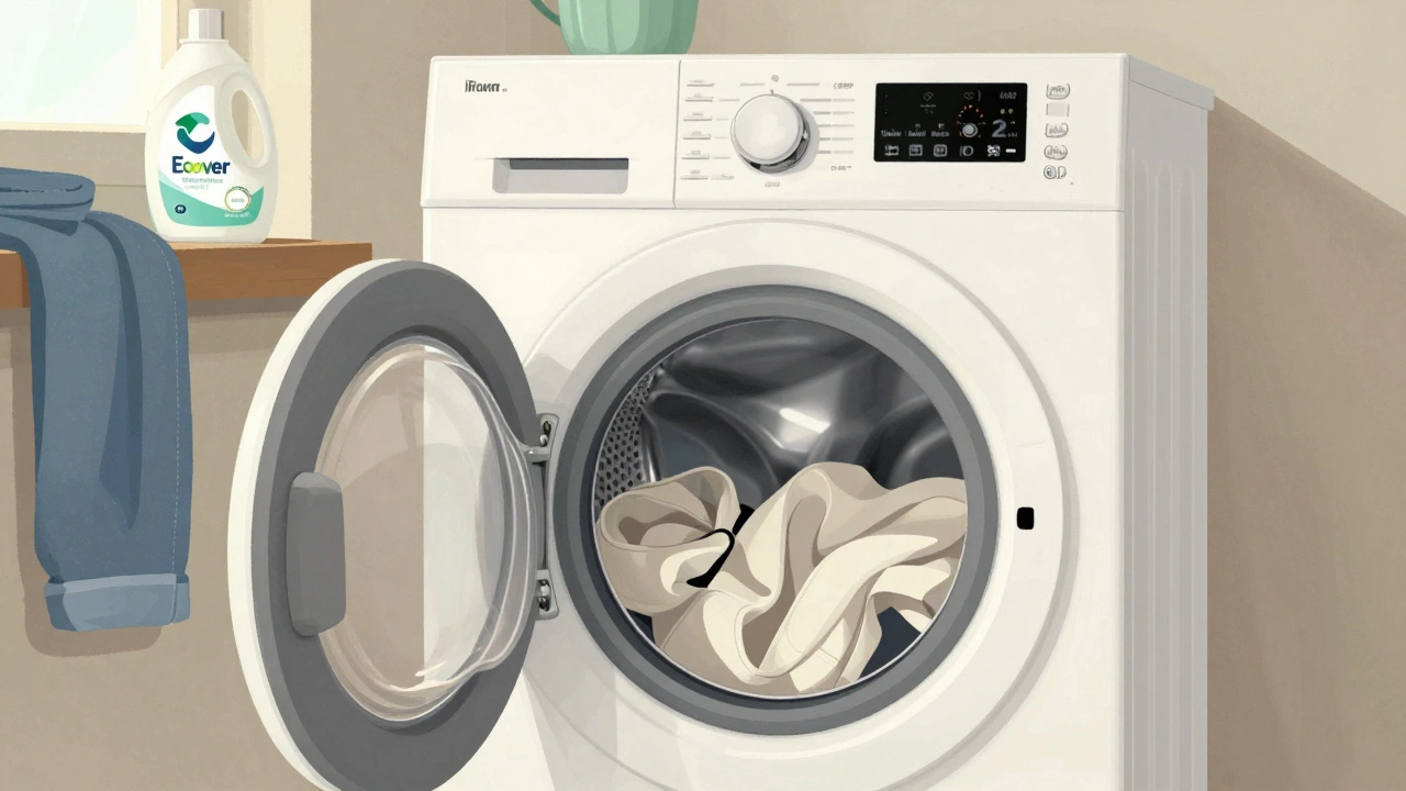 A hoodie being washed inside out in a cold, gentle cycle with eco-friendly detergent nearby.