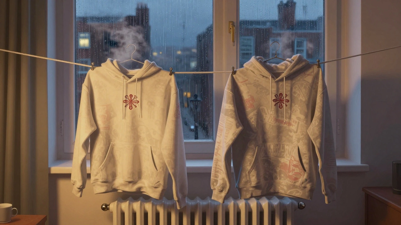 A hoodie drying on a hanger beside a radiator in a Dublin apartment with rain on the window.