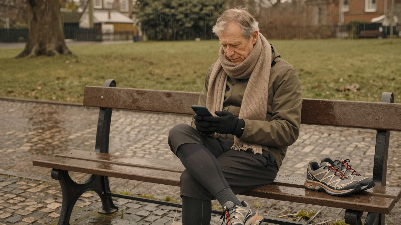 A man sitting on a park bench in Dublin, dressed in functional layers with compression socks and touchscreen gloves, light rain falling.