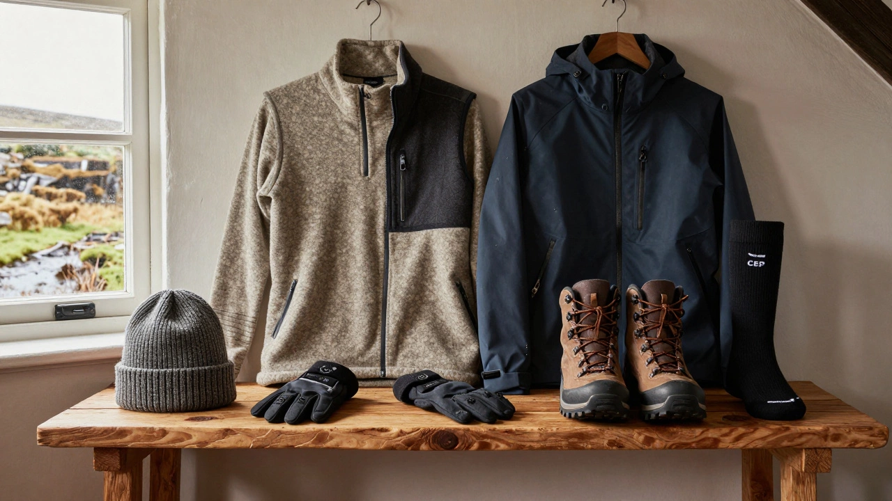 A neatly arranged wardrobe of functional Irish outdoor gear: merino base layer, fleece vest, waterproof jacket, boots, beanie, gloves, and compression socks.