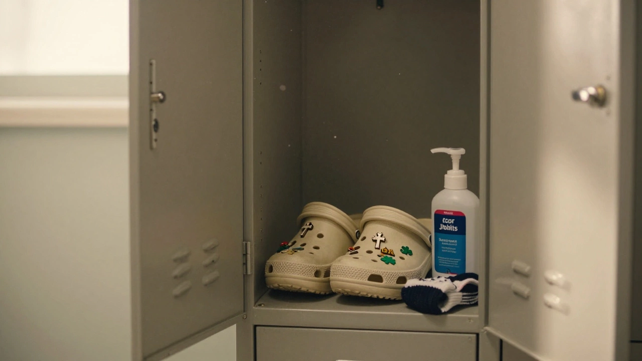 A nurse’s locker with worn Crocs adorned in charms and disinfectant wipes, soft morning light casting a quiet glow.
