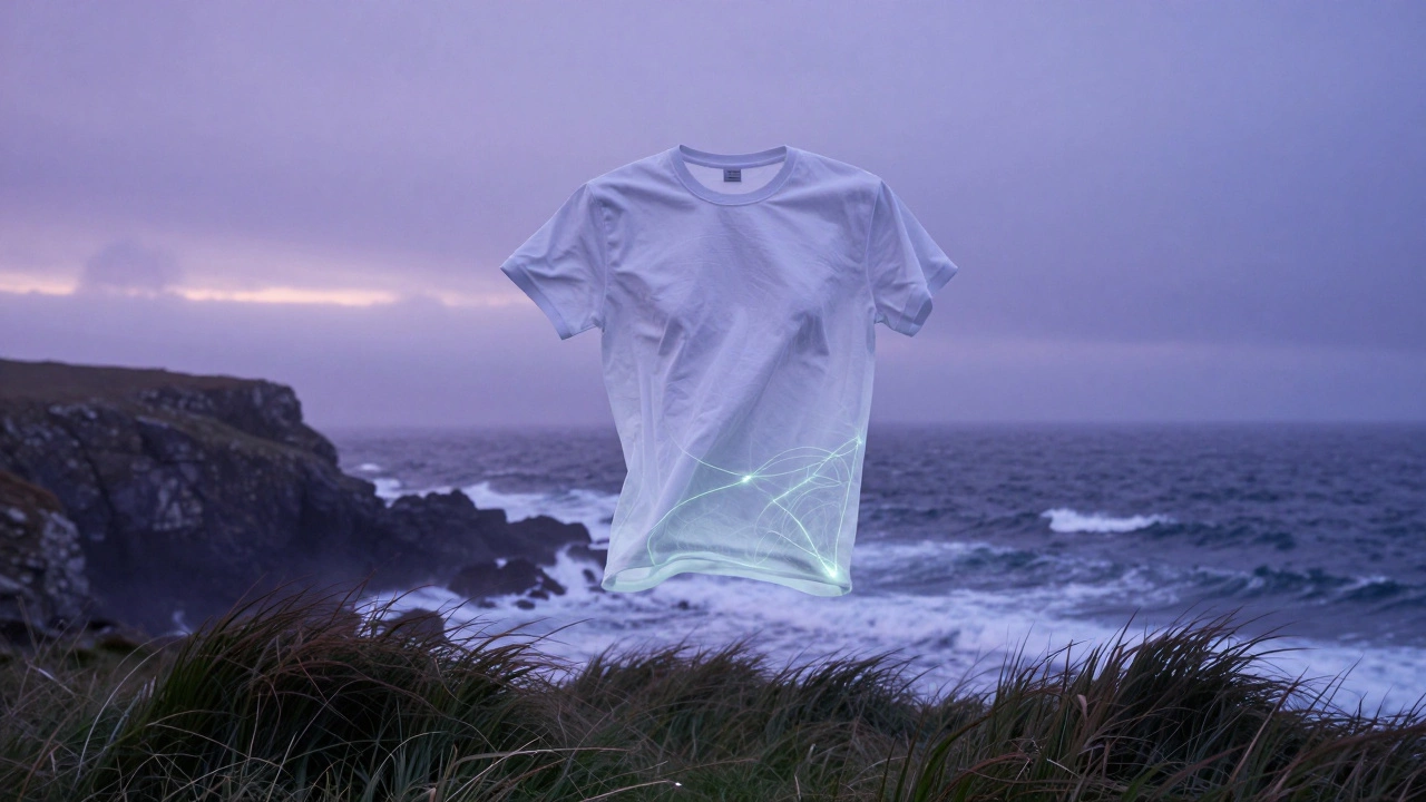 A TENCEL™ t-shirt floating above a misty Irish coast, blending into ocean spray and wind-blown grasses at twilight.