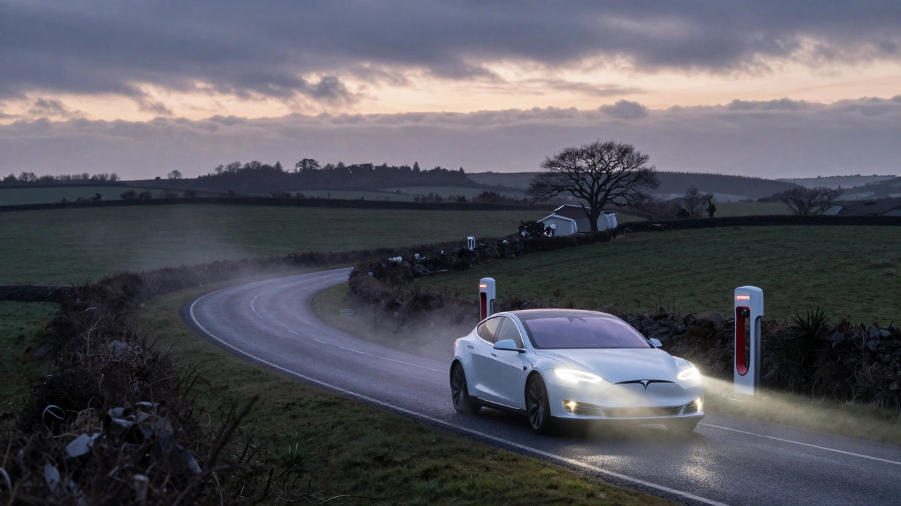 A Tesla Model S driving along a foggy Irish country road at twilight with charging stations nearby.