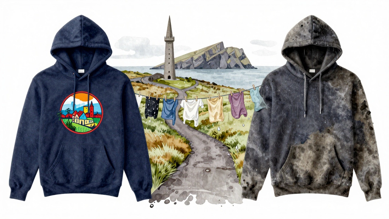 A watercolor depiction of a hoodie's journey from new to worn, with Irish landmarks in the background.