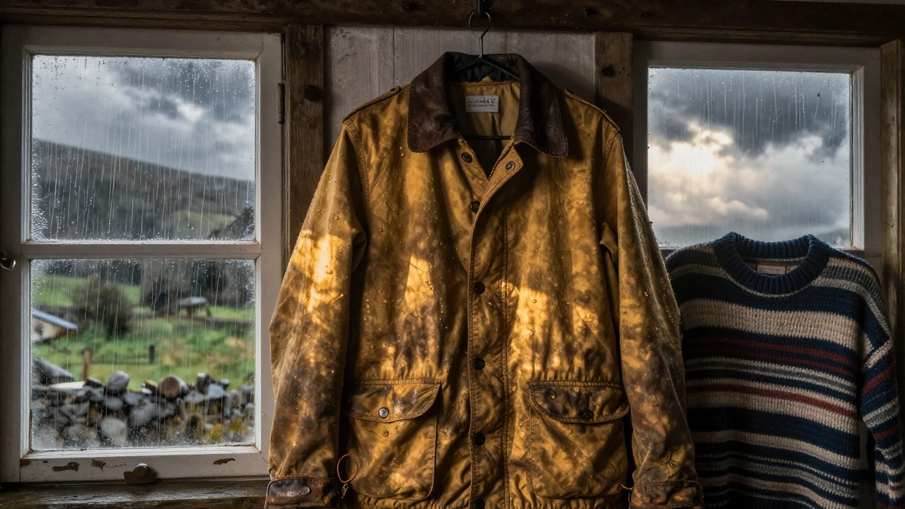 A weathered waxed jacket hanging in a farmhouse, rain on the window, soft light highlighting its aged texture.