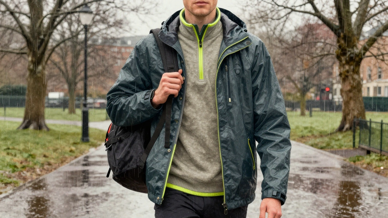 Athlete layering technical clothing in a rainy Dublin park, wind blowing through trees, reflective strips visible on jacket.