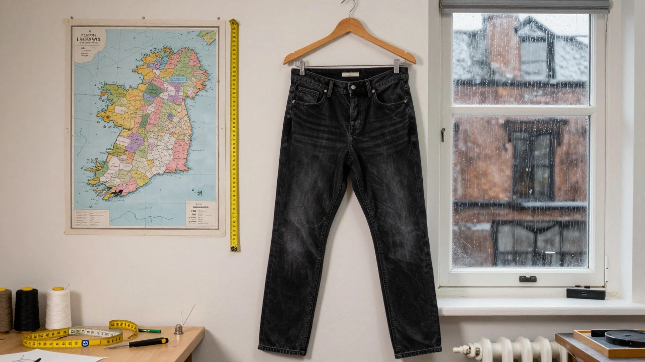 Black Denim jeans hanging in Irish workshop with sewing tools and rain-streaked window nearby.