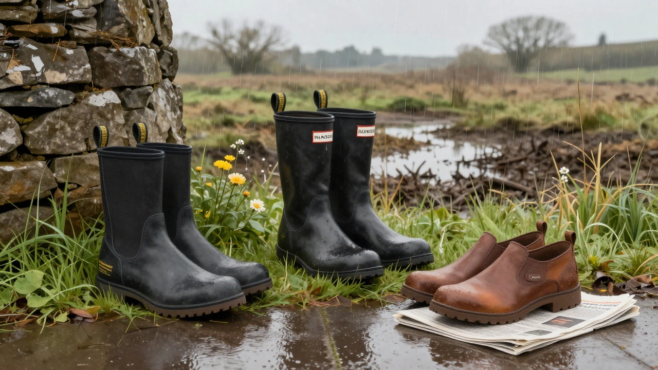 Blundstone, Hunter, and Clarks boots displayed in Irish landscape with rain and moss.