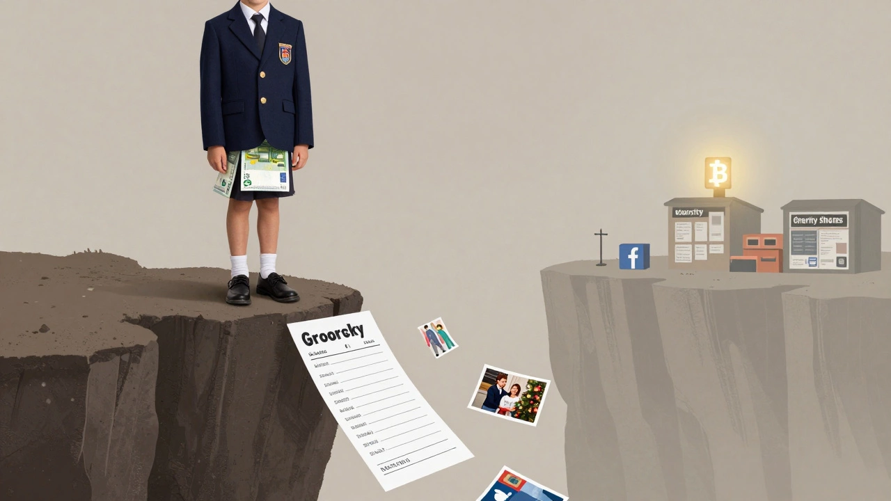 Child in a blazer made of euro notes standing at a financial cliff, with family expenses falling away behind them.