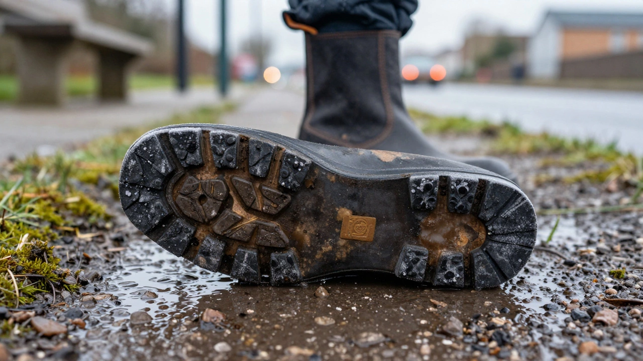 Close-up of Blundstone boot sole gripping wet Irish terrain with mud and reflections.