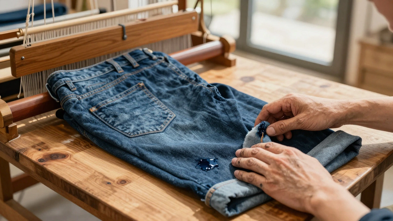 Close-up of hands holding detailed Japanese denim jeans with indigo dye and vintage loom in background.