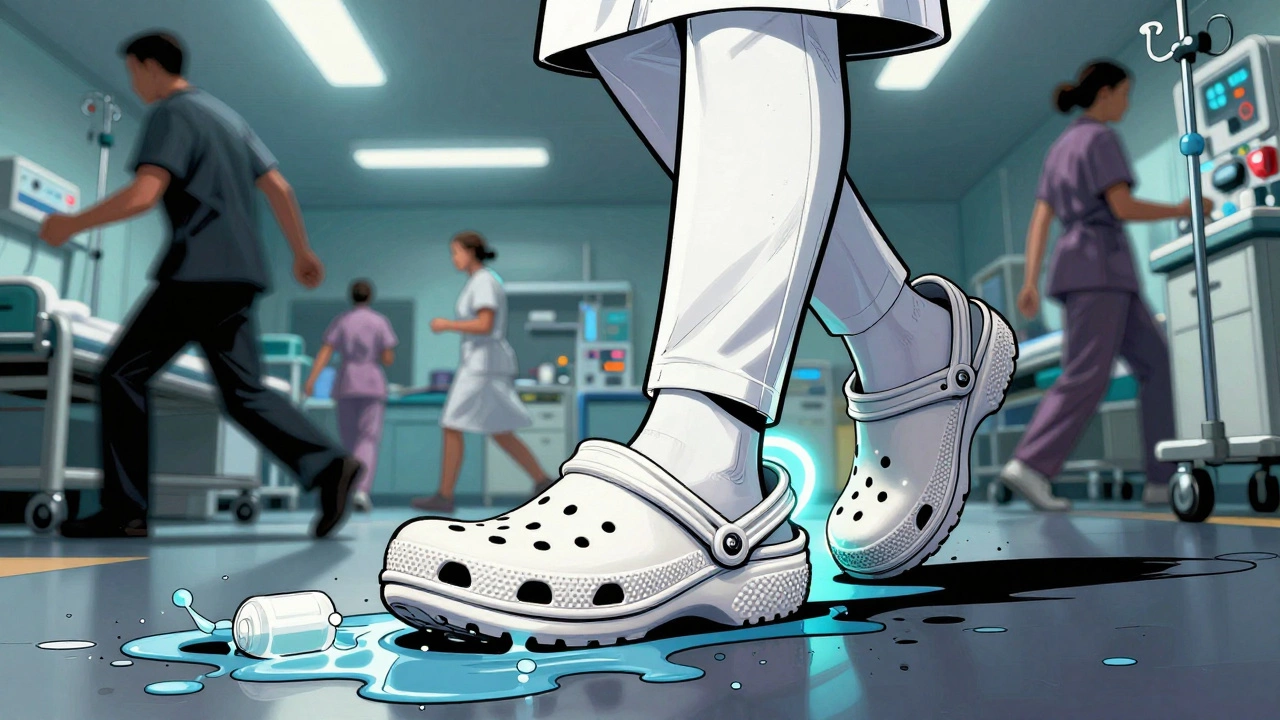 Comic-style illustration of a nurse stepping over spilled fluid, Crocs with non-slip soles glowing as a symbol of endurance.