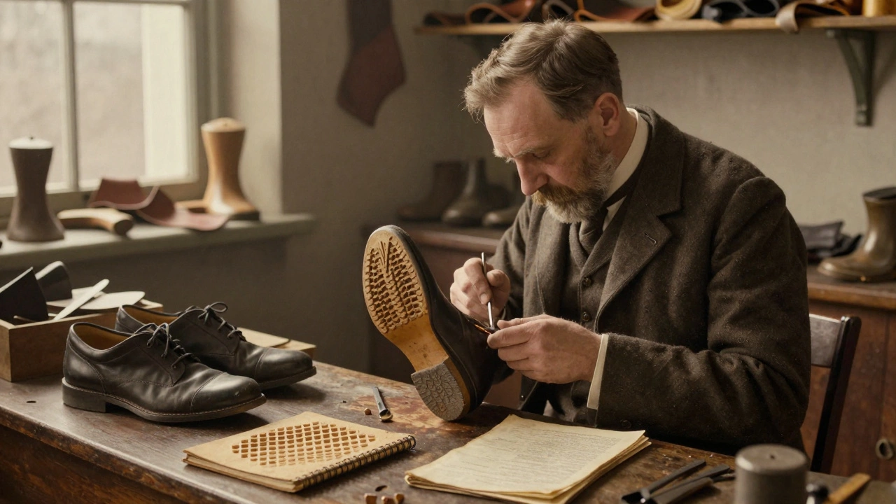 Cork cobbler hand-carving rubber soles for early running shoes in a 1920s workshop.