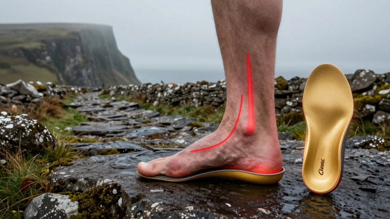 Cross-section of a foot showing arch collapse on Irish terrain, with a supportive insole providing stability.