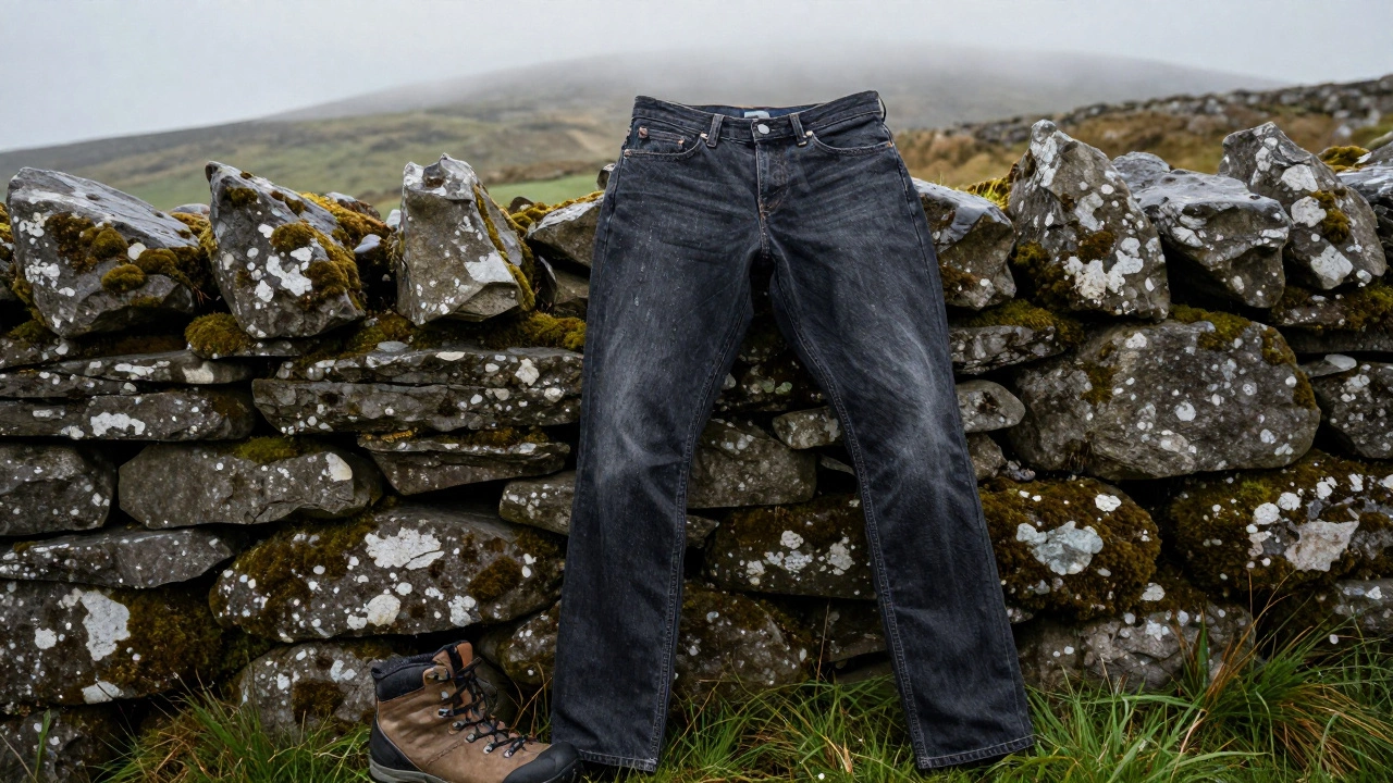 Dark wash jeans draped on a stone wall in the Burren, glistening with rain, beside a hiking boot.