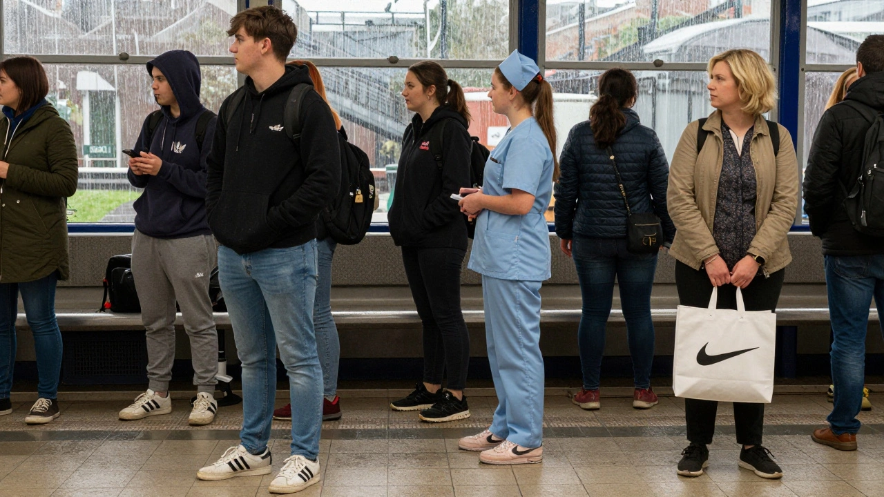 Diverse locals waiting at a rainy Dublin DART station, all wearing practical Irish runners.