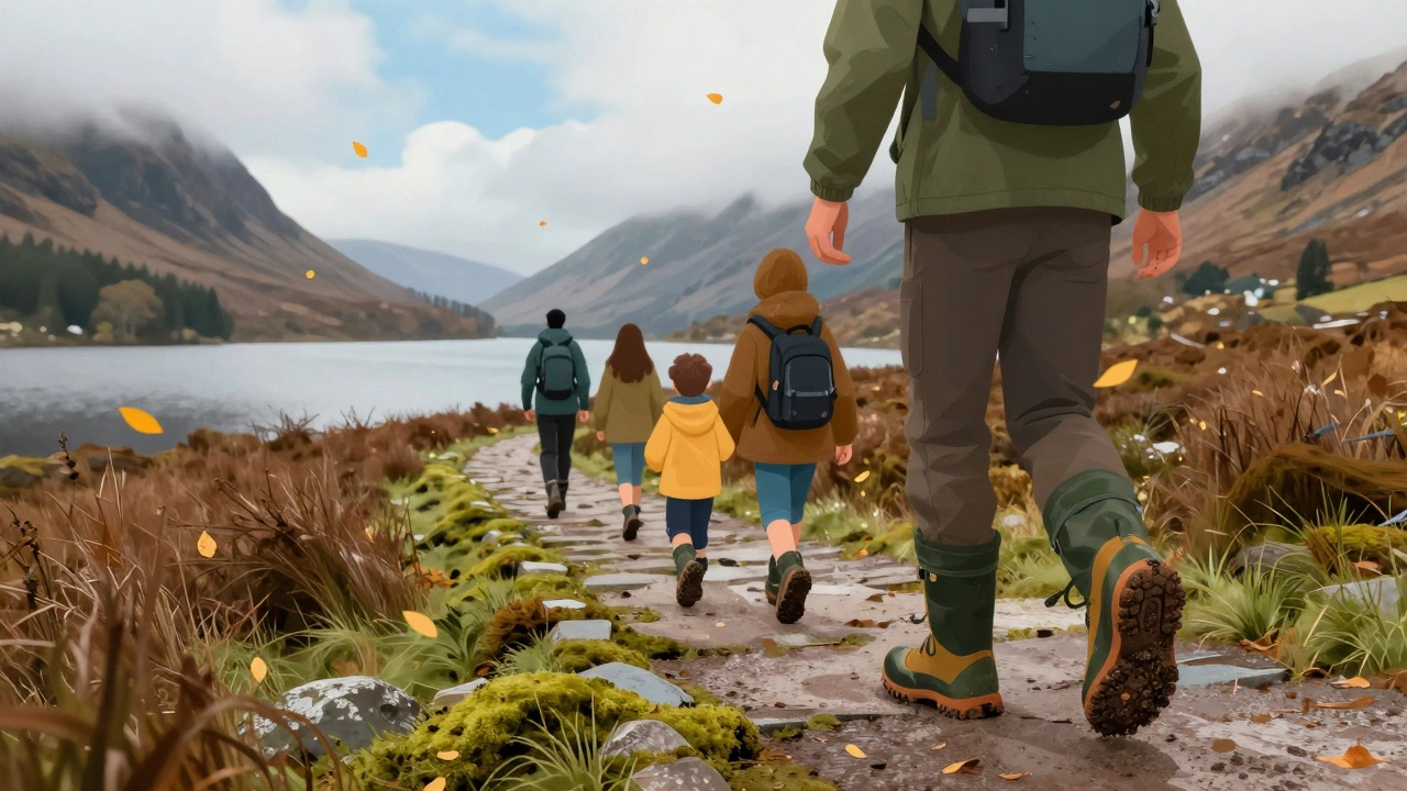 Family hiking Glendalough trails in autumn wearing waterproof trainers on a mossy path.