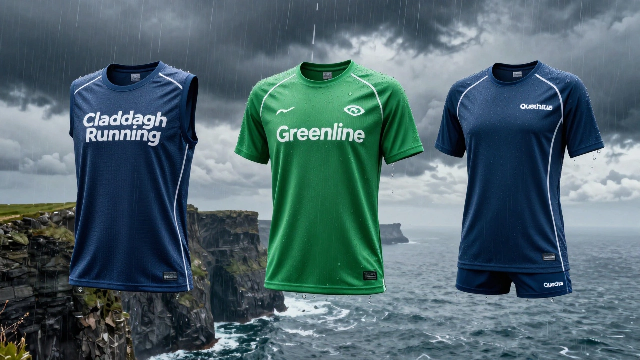 Floating sportswear panels with moisture-wicking and recycled fabric textures in stormy sky above Irish cliffs.
