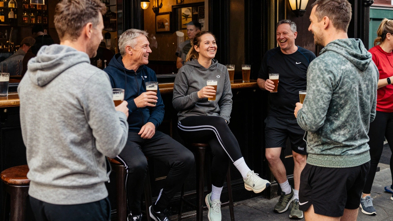 Friends in sportswear laughing in a Cork pub after a morning run, wearing running shoes.