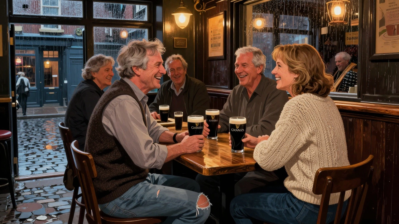 Group of older friends laughing in a Dublin pub, wearing ripped jeans and sweaters, holding pints.