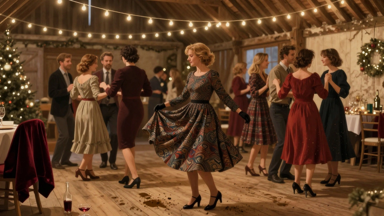 Guests dancing in a Kilkenny barn with tea-length dresses, one lifting her hem to avoid mud.