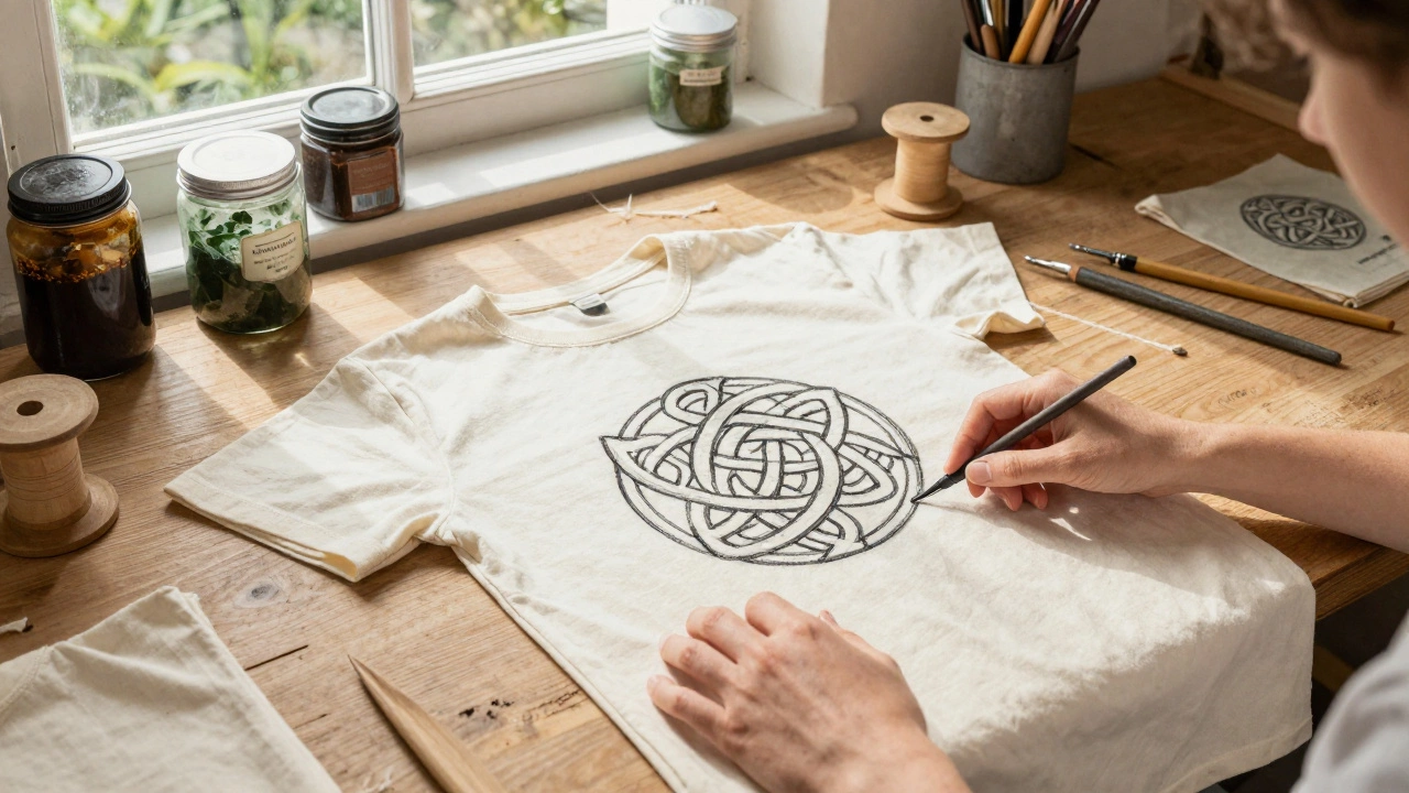 Handcrafted t-shirt being made in a cozy Irish studio with natural dyes and Celtic designs on a wooden table.