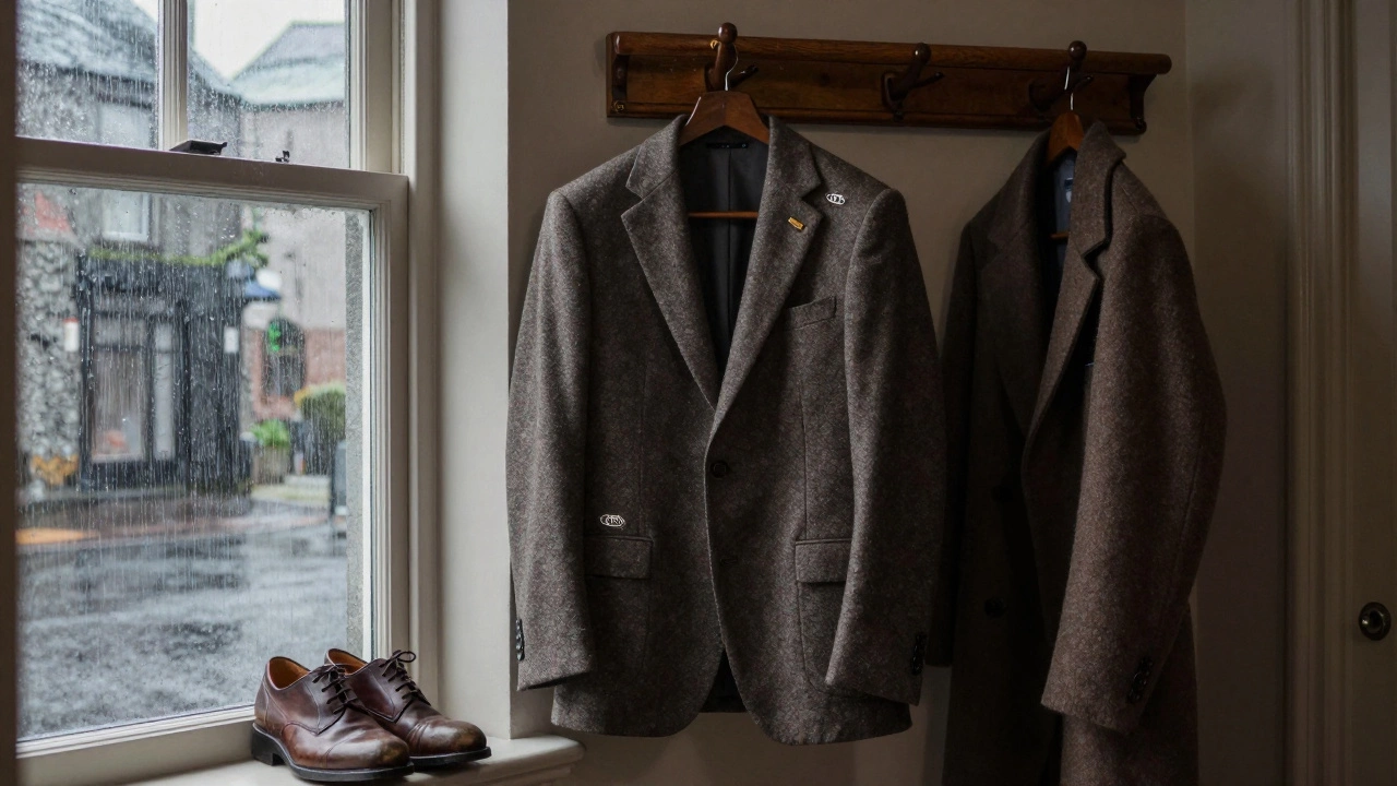 High-quality wool suit hanging neatly in a Galway hallway, rain outside, Harris Tweed jacket nearby.