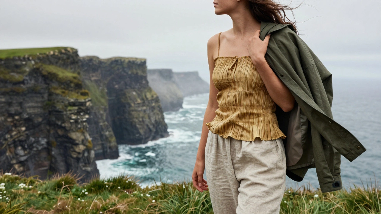 Hiker on Cliffs of Moher wearing bamboo and linen clothing, misty Atlantic wind blowing.