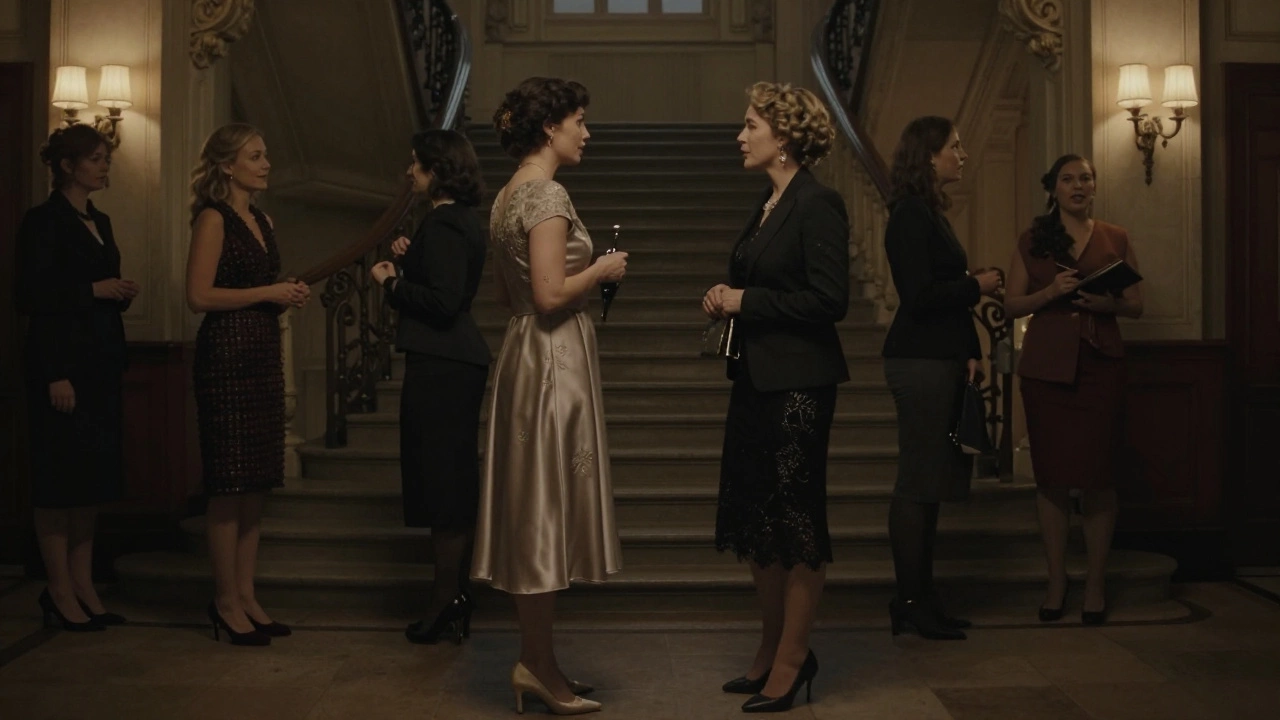 Irish women in elegant evening dresses chatting in Gaiety Theatre foyer under vintage sconces.