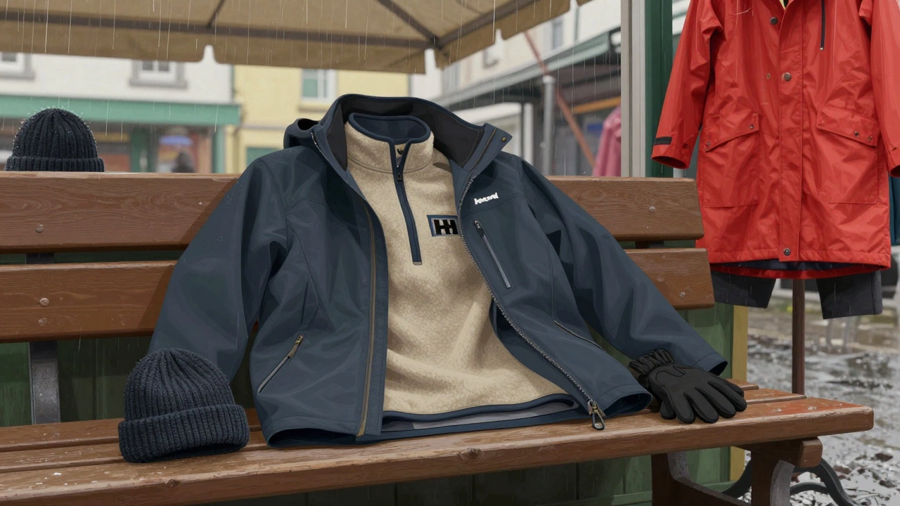 Layered outdoor clothing on a bench in a Galway market, with technical jacket, beanie, and gloves beside them.