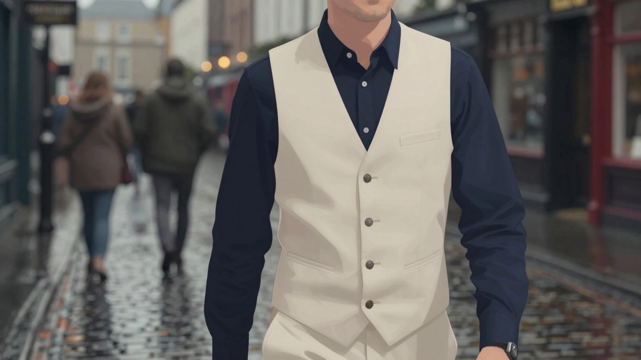 Man in navy shirt and cream vest walking through rainy Temple Bar at dusk, dark clothing anchoring his frame.
