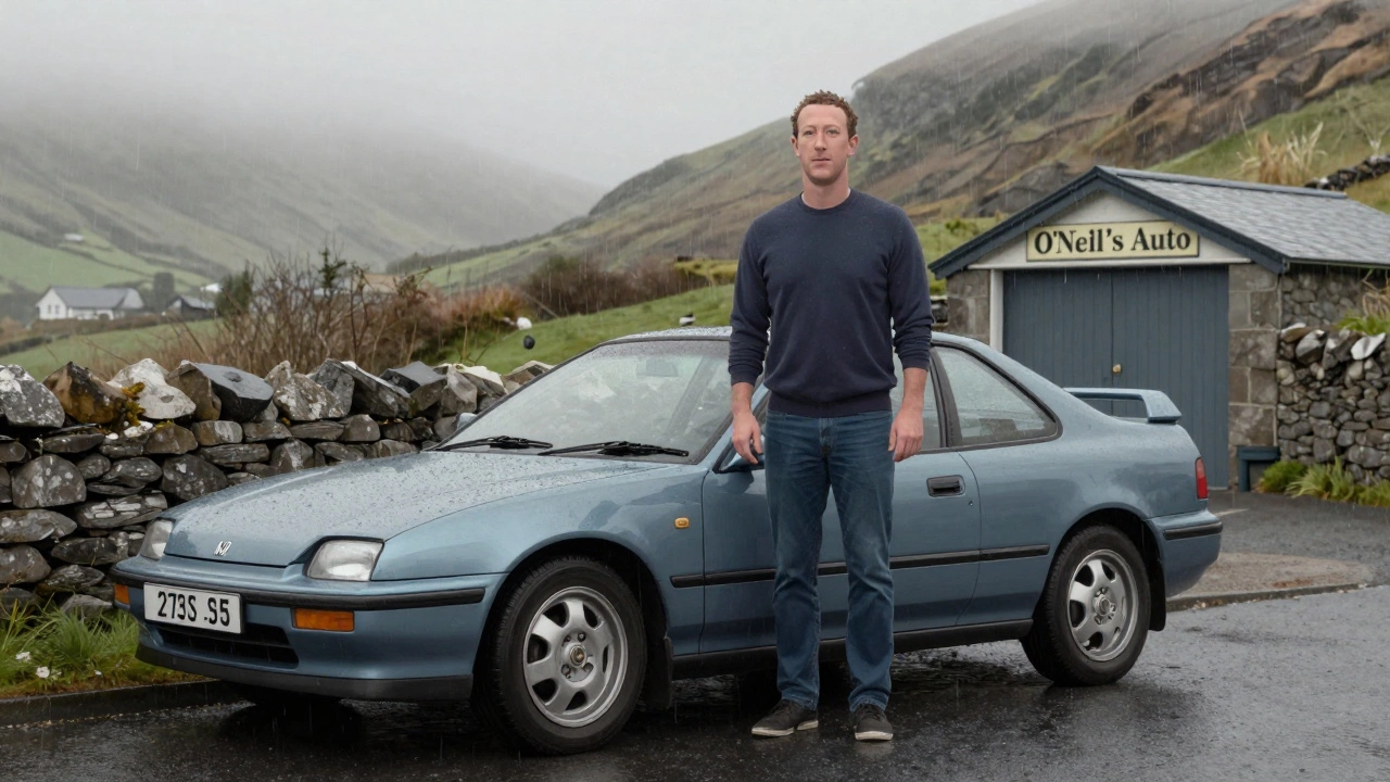 Mark Zuckerberg exiting a 1990s Honda Prelude on a narrow Donegal road.