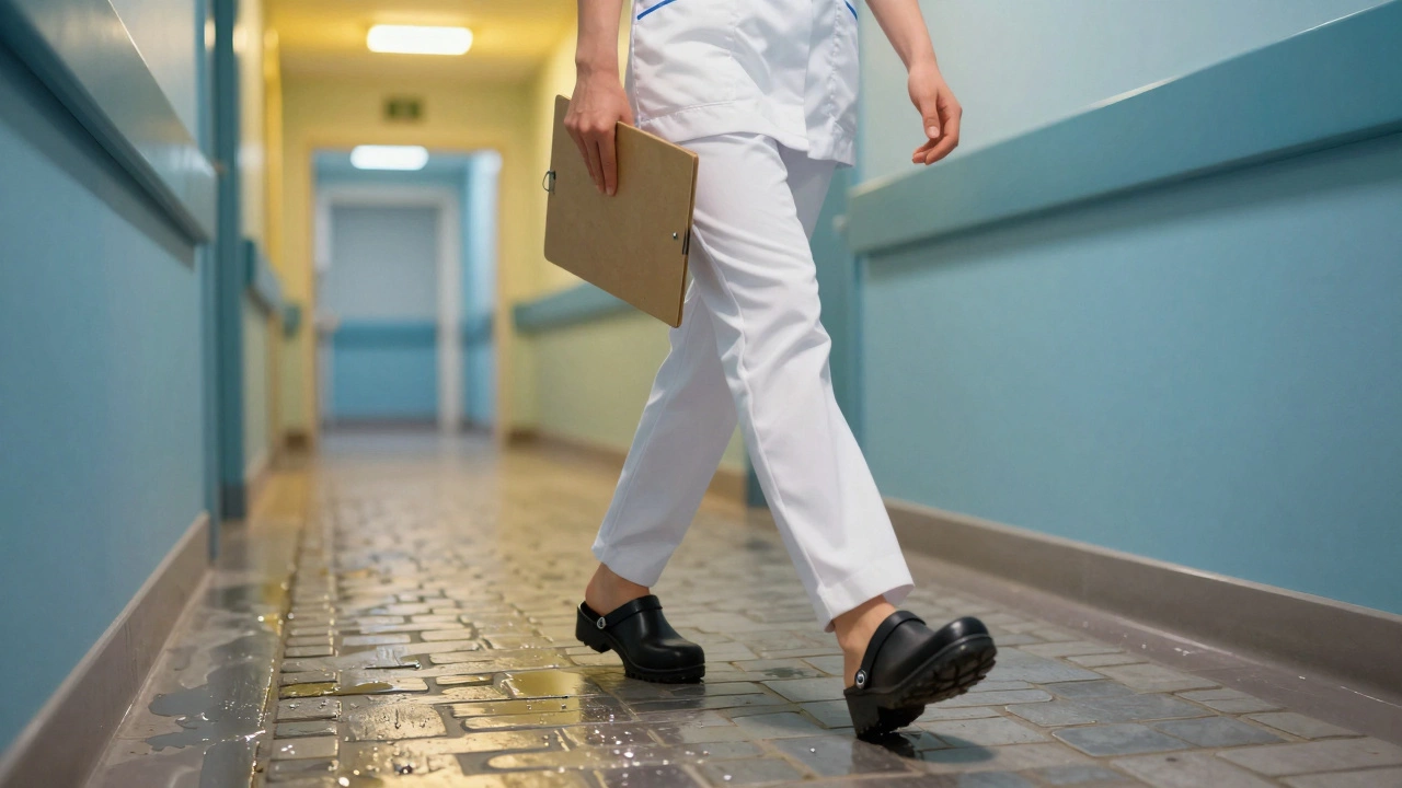 Nurse walking in a damp hospital corridor wearing supportive clogs on cobblestone.