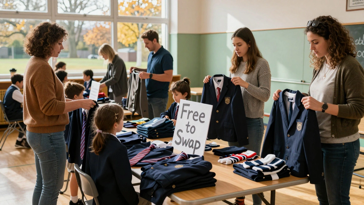 Parents exchanging used school uniforms at a community swap event in a school hall in Bray, Ireland.