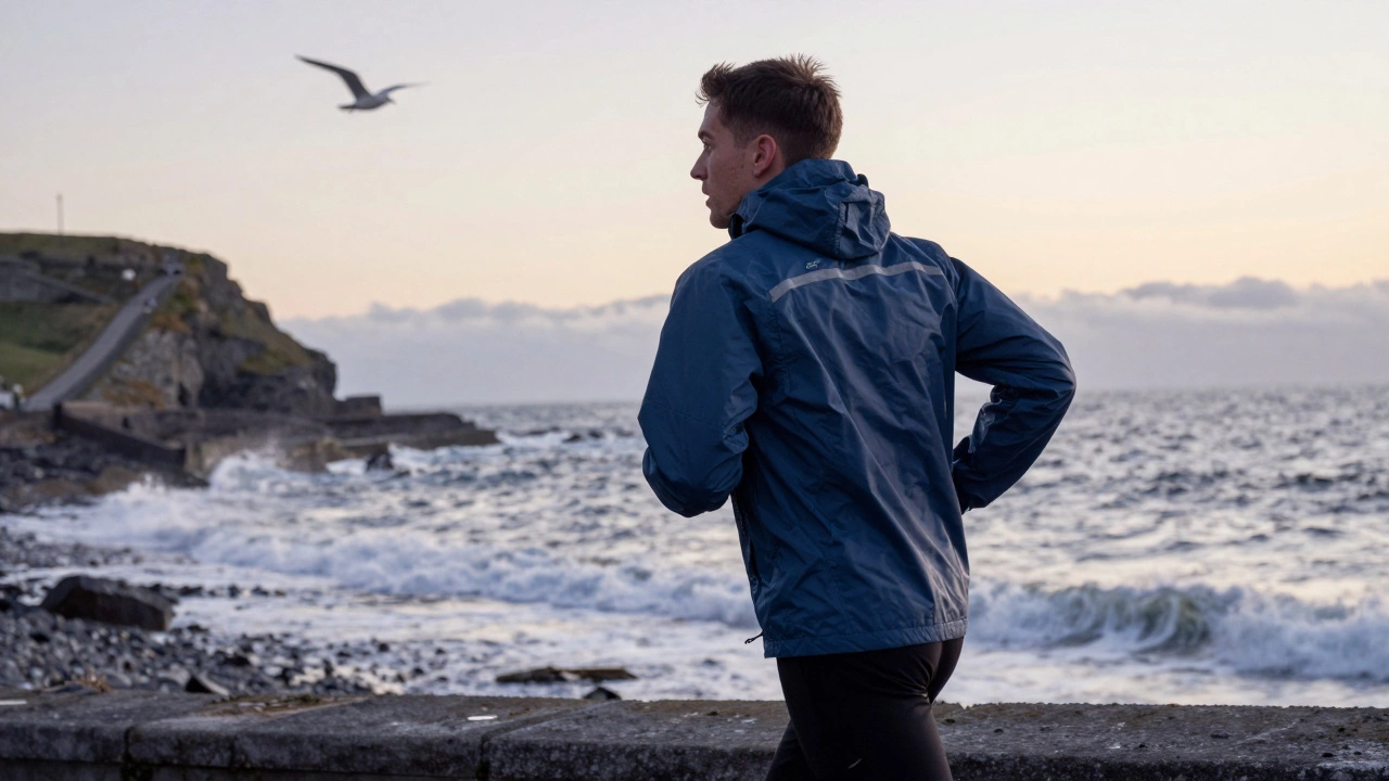 Runner on Galway seafront at dawn wearing a wind-resistant jacket with reflective details.
