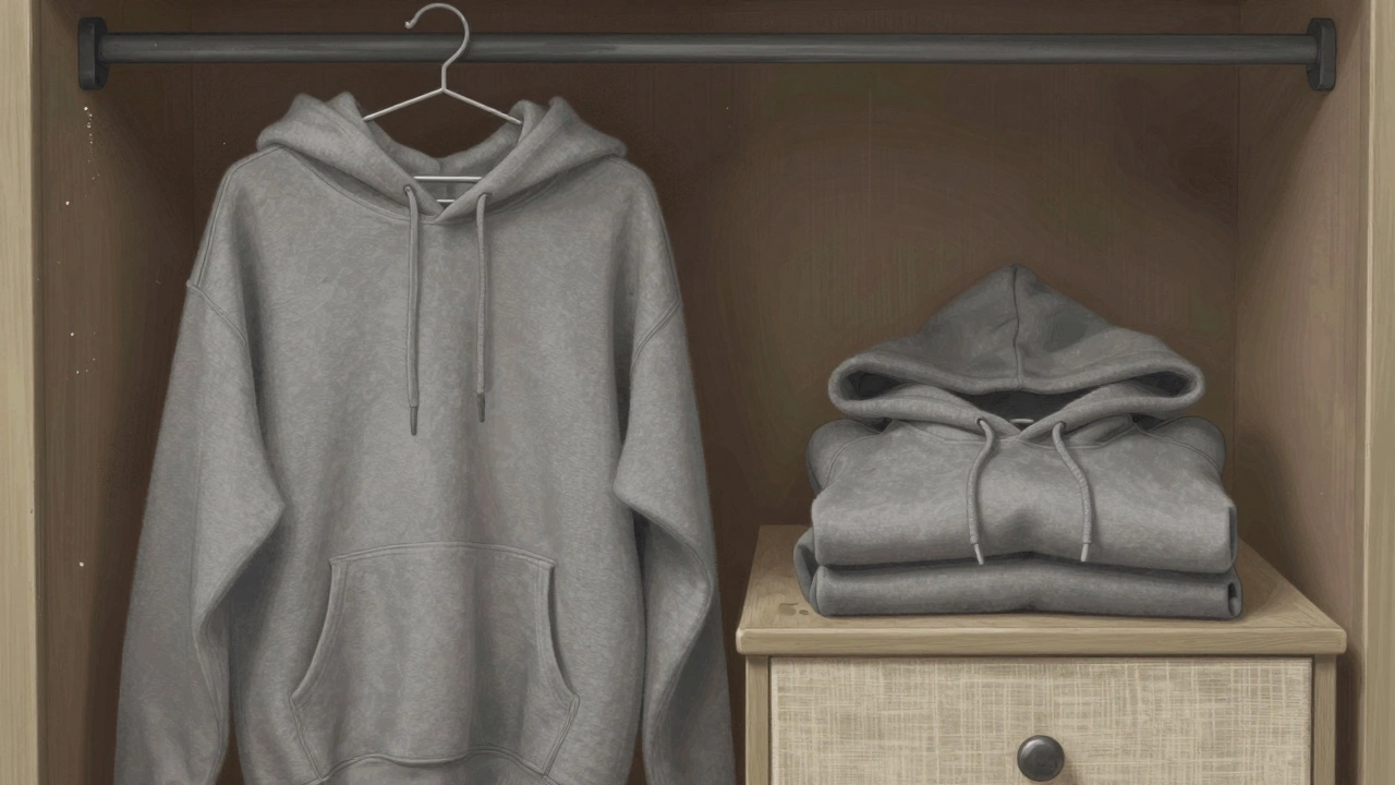 Sagging hoodie on a plastic hanger next to a properly folded one in a damp Irish closet.