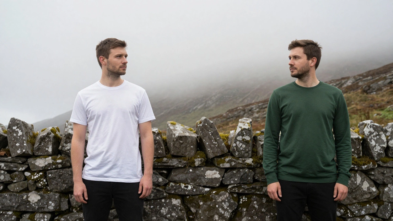 Side-by-side: man in white tee looks washed out, man in forest green looks defined beside a mossy stone wall.