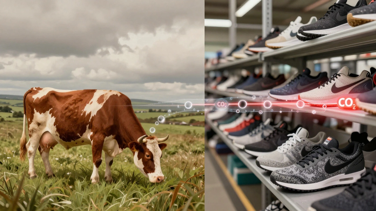 Split-image showing Irish pasture and shoe factory connected by carbon emissions, symbolizing leather&#039;s environmental cost.
